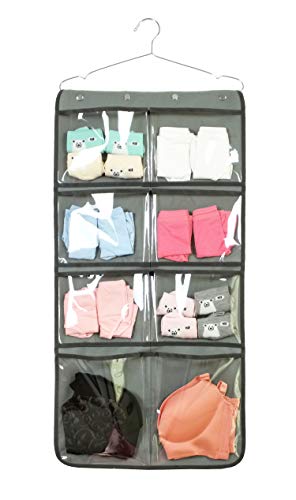NIMES Durable Hanging Closet Underwear Sock Bra Stocking Organizer Dual-Sided Accessories Storage with 16 Large Clear Pockets (Grey)