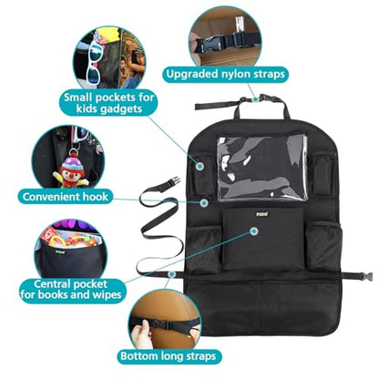 PIDO Backseat Car Organizer, Car Seat Organizer for Kids with Touch Screen Tablet Holder and 8 Pockets, Automotive Seat Back Kick Mat Made with Heavy Duty Fabric, Road Trip Essentials, 2 Pack