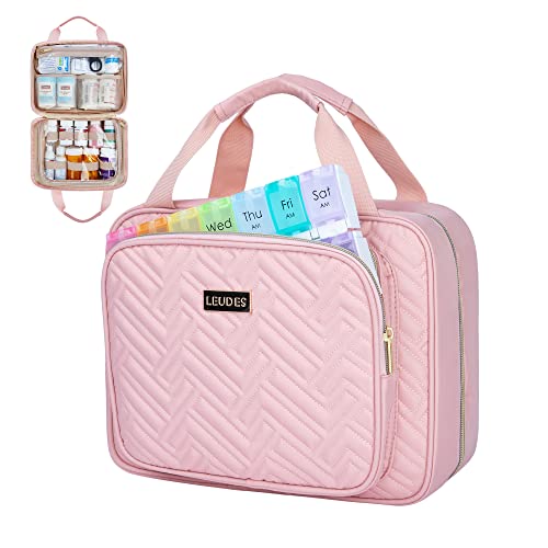 Leudes Travel Pill Bottle Organizer,Medicine Organizer and Storage,Home Medication Bag, Cases,Carrier for Pills,Vitamin,Fish Oil,Supplements for Women and Men (Medium, Pink) - color: Pink, size: Medium