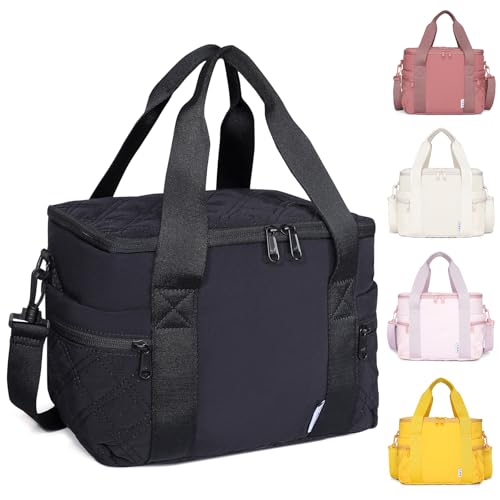 NOL Natural Organic Lifestyle Women's Nylon Lunch Cooler Cute Quilted Lunch Bag Large Leakproof Insulated Lunch Tote Bag for Work Picnic Travel,Black - color: Black, size: Medium