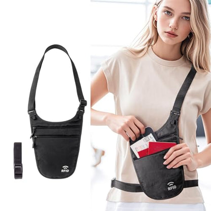 Crossbody Money Belt for Travel Women & Men Hidden, Travel Wallet Pouch - Slim Passport Holde, RFID Blocking Neck Wallet Under Clothes to Protect Cash, Credit Cards and Documents (BLACK) - color: BLACK