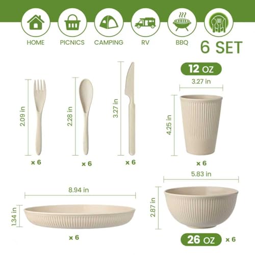 36-Piece Reusable Wheat Straw Dinnerware Sets for 6, Farielyn-X Unbreakable Reusable Set Kitchen Cups, Plates, Bowls Sets & Cultery Dishwasher Microwave Safe - Patio, Outdoors, RV, Camping Dishes