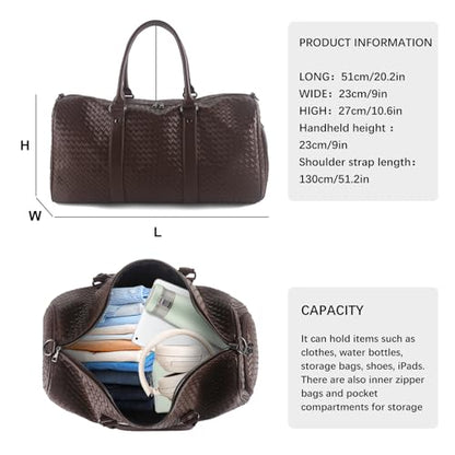 Weekender Bags for Women Woven Leather Travel Duffle Bag with Shoe Compartment, Carry On Garment Bag for Men Women, Large Capacity Water-resistant Gym Tote (Coffee) - color: Coffee