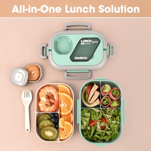 PEDECO Green Lunch Box Set with Bag & Utensil, Leak Proof for Women Men Kid | 2-tier stackable container with sauce pod,Insulated bag keeps food hot or cold,Microwave & dishwasher safe,for women men - color: Green