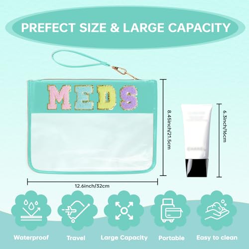 Chenille Letter Clear Zipper Pouch for Travel Preppy Patch Makeup Bag-Nylon Cosmetic Preppy Makeup Waterproof Organizer Bag Set for Women Valentines Bag (Green-Meds) - color: Green-Meds