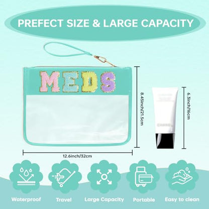 Chenille Letter Clear Zipper Pouch for Travel Preppy Patch Makeup Bag-Nylon Cosmetic Preppy Makeup Waterproof Organizer Bag Set for Women Valentines Bag (Green-Meds) - color: Green-Meds