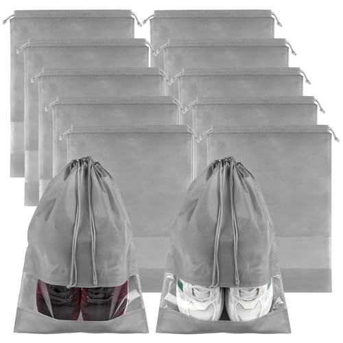 Large Gray Travel Shoe Bags - 10 Pcs with Clear Window, Non-Woven Drawstring, 12.6" X 17.3" for Men Women - color: Grey, style: 10 Pack