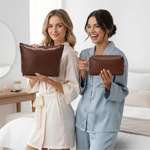 Kigeli 2 Pcs PU Leather Makeup Bag Set for Women Waterproof Aesthetic Cosmetic Bag Large & Small Travel Toiletry Organizer Pouch Skincare Organizer Bridesmaid Mother's Day Birthday Gift(Dark Brown) - color: Dark Brown