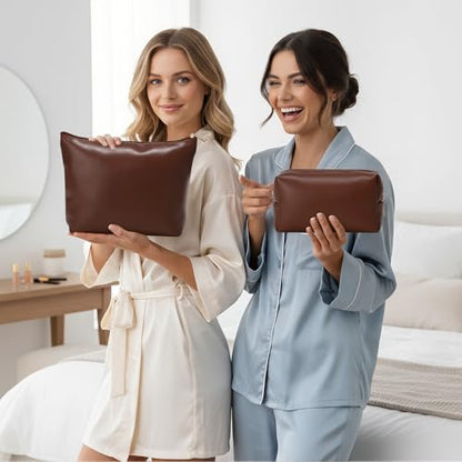 Kigeli 2 Pcs PU Leather Makeup Bag Set for Women Waterproof Aesthetic Cosmetic Bag Large & Small Travel Toiletry Organizer Pouch Skincare Organizer Bridesmaid Mother's Day Birthday Gift(Dark Brown) - color: Dark Brown