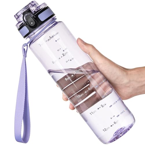 OLDLEY 32 oz Water Bottle, Motivational Water Bottle with Time Marker, Sports Water Bottle With Strap, Leakproof & BPA Free Large Water Bottles for School,Gym,Outdoor, Tritan, Transparent-Purple - color: B-Transparent-Purple, size: 32 Ounces