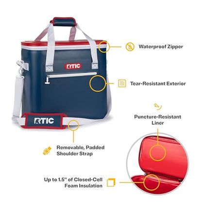 RTIC Ultra-Tough Soft Cooler 50 Can, Insulated Bag Portable Ice Chest Box for Lunch, Beach, Drink, Beverage, Travel, Camping, Picnic, Car, Trips, Floating Cooler Leak-Proof with Zipper - color: Patriot