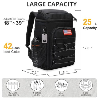 25L Backpack Cooler Keep All Drink Cold for Long Periods of Time Cooler Backpack Insulated Waterproof Portable High Durability Small Cooler Backpack with Compartment for Hiking Camping Beach - color: Black