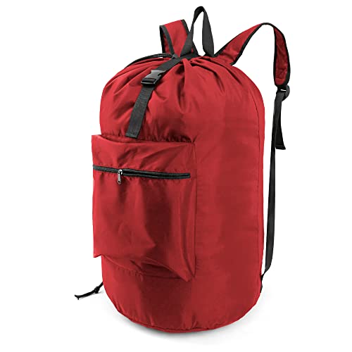 BeeGreen Laundry-Bag-Backpack-Extra-Large, Red Nylon Drawstring Portable Laundry Backpack Tall Foldable Heavy Duty Dirty Clothes Travel Bag with Handle College Dorm Apartment Essentials - color: Red, style: With Front Zipper Pocket