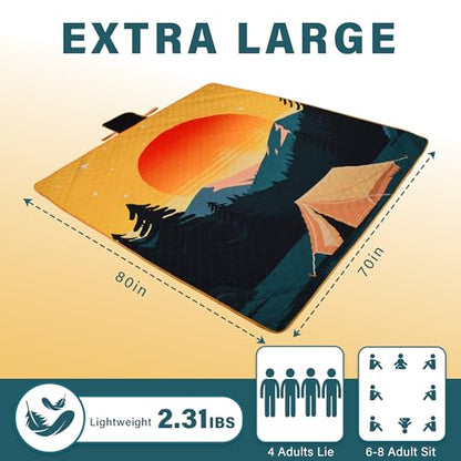Tirrinia Picnic Blanket Waterproof, 70"x80" Extra Large Outdoor Blanket Waterproof, 3-Layer Foldable Picnic Mat with Sandproof Backing for Beach, Camping, Hiking, Park, Travel - color: Orange Sun