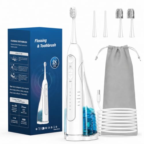 Portable Water Flosser for Teeth Travel Electric Toothbrush with Water Flosser Rechargeable IPX8 200ML Oral Irrigator Cleaner with 5 Flossing Modes 3 Sonic Toothbrush Modes for Teeth,Gums,Braces Care - color: White