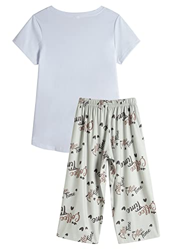 YIJIU Women Soft Comfy Pajamas Cute Cat Short Sleeve Capri Pants PJS Set - color: White, size: Large