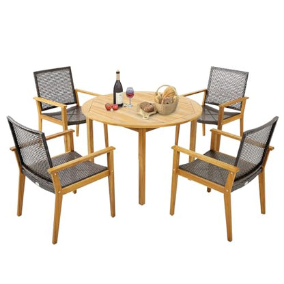 Tangkula 5 Pieces Patio Dining Set, 4 Patio Wicker Armchairs and Round Acacia Wood Dining Table, Outdoor Table and Chairs Set for Backyard, Poolside, Garden