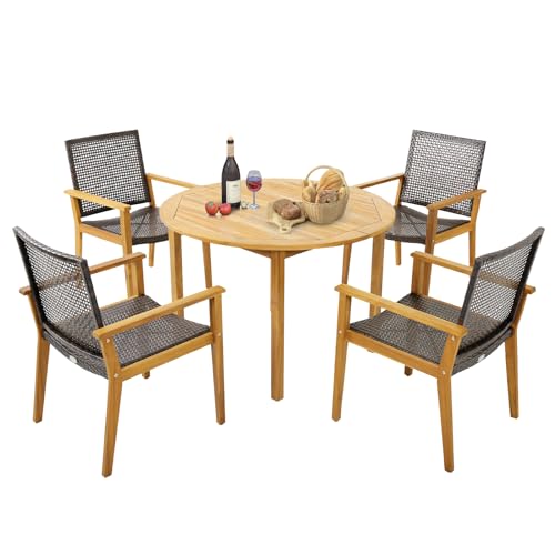 Tangkula 5 Pieces Patio Dining Set, 4 Patio Wicker Armchairs and Round Acacia Wood Dining Table, Outdoor Table and Chairs Set for Backyard, Poolside, Garden