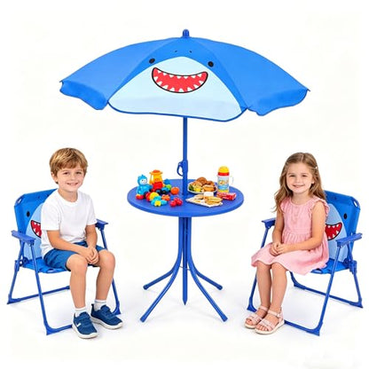 HONEY JOY Kids Picnic Table, Animal Themed Toddler Outdoor Table and Chair Set, 2 Folding Chairs & Removable Umbrella, Children Outdoor Furniture for Backyard Patio Garden (Navy Shark) - color: Navy Shark
