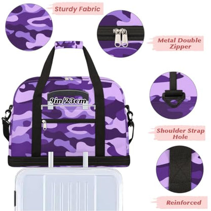 Travel Duffle Bags With Shoes Compartment for Women Men Purple Camouflage Camo Lightweigh Sports Tote Gym Bag Foldable Canvas Weekender Overnight Carry On Luggage Handle Bag - color: A05: Purple Camouflage Camo