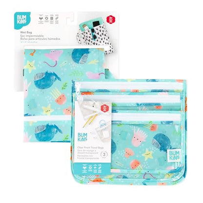 Bumkins - Waterproof Wet Bag & Clear Travel Bags - For Beach, Baby, Travel, Swim Suit, Cloth Diapers, Pump Parts, Pool, Gym, Toiletries - Reusable & Easy to Clean - Ocean Life Blue - 4 Pack - color: B1 Ocean Life