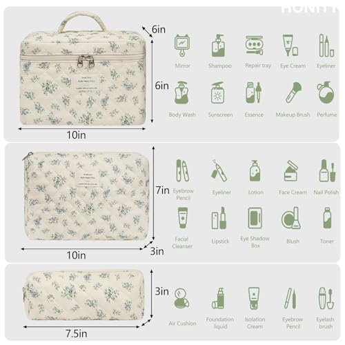 honitty Makeup Bag,Quilted Cosmetic Bags,Large Floral Make Up Organize bag,Makeup Bag Set for Women,Flower Travel Toiletry Bag - color: Blue flower