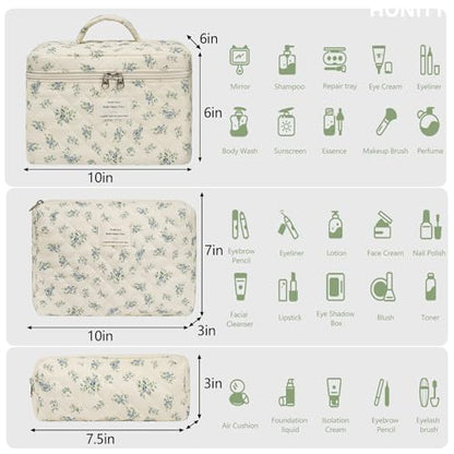 honitty Makeup Bag,Quilted Cosmetic Bags,Large Floral Make Up Organize bag,Makeup Bag Set for Women,Flower Travel Toiletry Bag - color: Blue flower