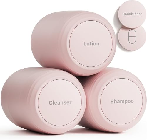 New Travel Toiletry Containers [Ultra Leakproof] TSA-Approved, PLA Hard Shell Jars with 5 Magnetic Labels, Wide Mouth Bottles for Lotion, Cleanser, Shampoo, Conditioner, Pink, 3 Pack, 2OZ - color: Pink, size: 2 oz / 60 ml