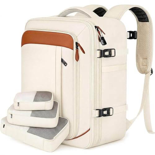 Vancropak Travel Backpack for Women, Airline Approved Carry On Backpack with 3 Packing Cubes, Expandable Large 40L Travel Bag fits 17" Laptop, Anti Theft Luggage Suitcase Weekend Daypack, White Brown - color: White Brown