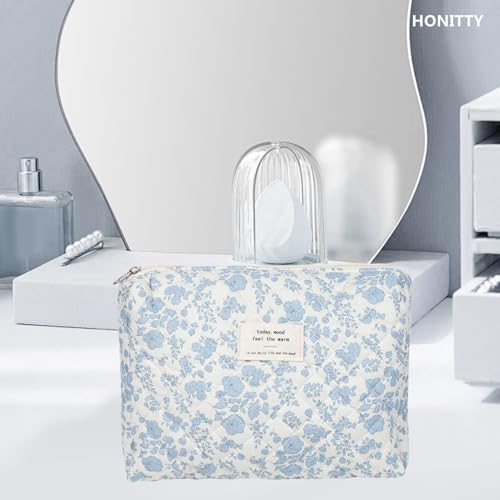 honitty Makeup Pouch,Quilted Cosmetic Bags,Large Floral Make Up Organizer for Women - color: 1PCS-Blue-White2