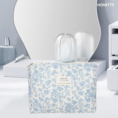 honitty Makeup Pouch,Quilted Cosmetic Bags,Large Floral Make Up Organizer for Women - color: 1PCS-Blue-White2