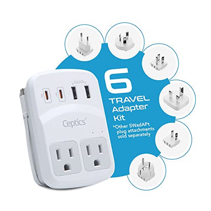Ceptics World Travel Adapter Kit 2 USB-A, USB-C US Outlets, 20W/QC 18W Power Delivery, Surge Protection, SWADAPT Compatible for Europe, UK, China, Australia, Japan Perfect Laptop (WPS-5B)