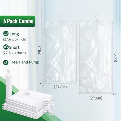 Hanging Vacuum Storage Bags For Clothes With Hand Pump,Coat Storage Bag Hanging,Vacuum Bags For Clothes,Space Saver Vacuum Storage Bags,Garment, Clothing, Dress, Suit, Long Coat, Jacket(Combo 6 Pack) - size: 6 Combo