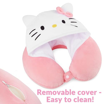 Hello Kitty Girls Teens Travel Pillow with Hood, Memory Foam Cushion Travel Accessories Flight Pillow Neck & Head Support