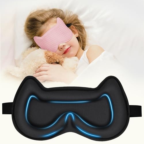 Kids Sleep Mask Eye Mask: 3D Contoured Cup Sleeping Masks, Blindfold with Adjustable Strap, Kids Eye Cover for Boys, Girls, Teens, Pressure-Free with Memory Foam Face Mask for Sleeping (Pink) - color: Pink
