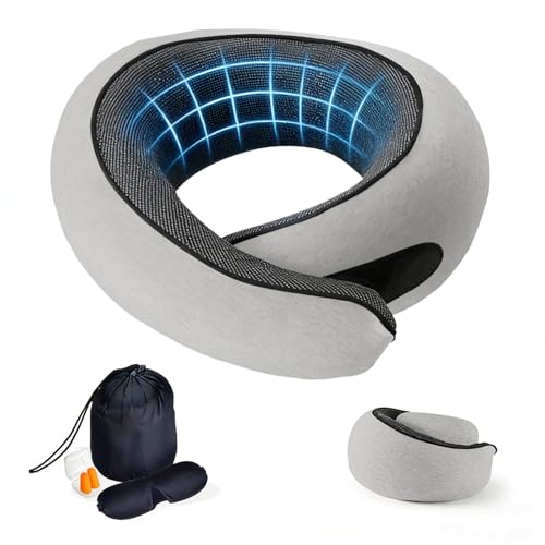 Travel Neck Pillow- 360° Ergonomic Memory Foam Travel Neck Pillow Airplane,Premium Breathable Relief Neck Pain for Long Flights,Car & Office (Gray) - color: Gray