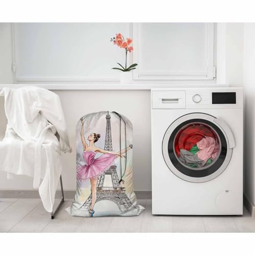 Swono Beautiful Ballerina Large Travel Laundry Bag - Washable Wet Dry Bag for Dirty Clothes - Dancer Posing on Eiffel Tower - Bathing Suit Workout Bag for Gym - color: Beautiful Ballerina