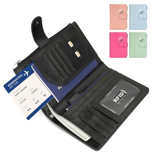 RFID Passport Holder for Women/Men Travel Gifts, Large Capacity Passport Wallet, Family Travel Documents Organizer with Card/Airtag Slots, Zipper coin pocket, Cash Holder Passport Cover Case (Black) - color: Black