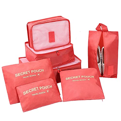7 Set Packing Cubes Packing Organizers Travel Luggage Packing Organizers with Shoes Bag for Suitcase, Watermelon Red - color: Watermelon Red