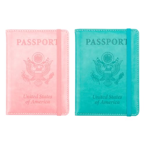 Passport Holder for Travel, 2 Pack Passport Cover, Waterproof Passport Wallet Leather Passport Holder Pen Holder Passport Holders for Women Men Family Travel Must Haves Essentials, Pink+Turquoise - color: Pink+Turquoise