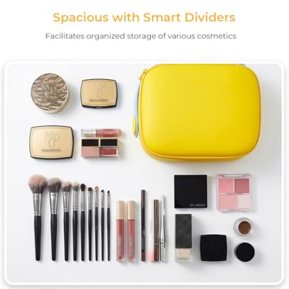 Hard Shell Makeup Case, Waterproof Travel Makeup Organizer with Adjustable Dividers & Brush Holder, Portable Cosmetic Bag with 360° Rotating Handle, Large Capacity Cute Makeup Case for Women
