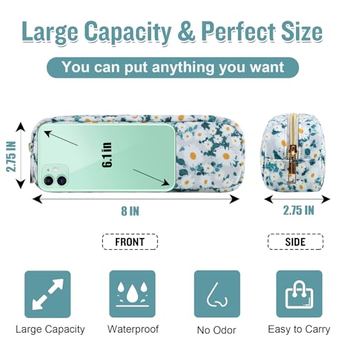 izuzta Nylon Small Floral Makeup Bag Slim Pouch, Preppy Cute Makeup Brush Case Bag Flower Cosmetic Zipper Pouch Purse, Waterproof Travel Toiletry Bag Coin Pouch Make Up Organizer Women(Green-Daisy) - color: Green-Daisy, size: Slim