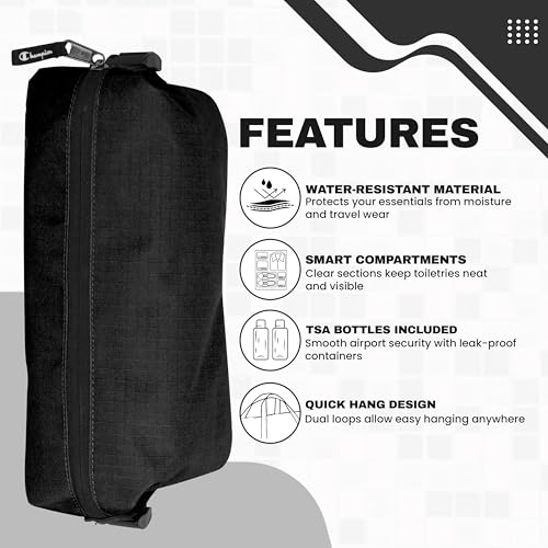CHAMPION - Hanging Toiletry Bag - Travel Sized Polyester Bag Water-Resistant, Cosmetics Organizer Bag with Two Compliant Bottles - Lightweight Portable Zipped Bag for Unisex – True Black 10"x3.9"x3.9" - style: True Black