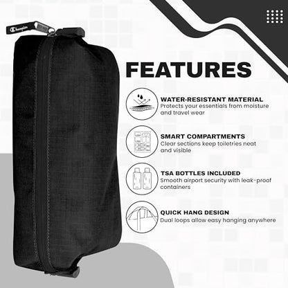 CHAMPION - Hanging Toiletry Bag - Travel Sized Polyester Bag Water-Resistant, Cosmetics Organizer Bag with Two Compliant Bottles - Lightweight Portable Zipped Bag for Unisex – True Black 10"x3.9"x3.9" - style: True Black