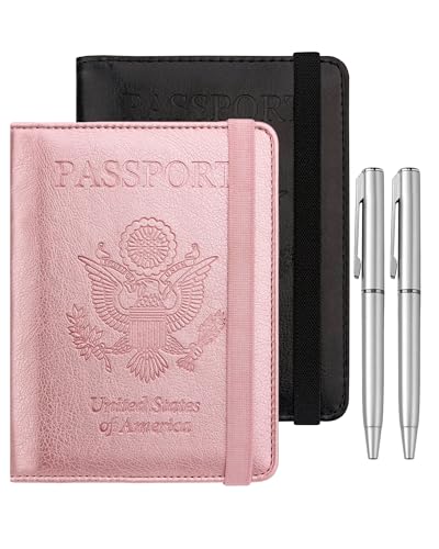 WALNEW Passport Holder for Travel, RFID Passport Cover Wallet for Women Men, PU Leather Passport Book Card Holder Case with Pen, Travelling Essentials for Flying - color: AA-Black+Rosegold, style: Elastic Band Closure
