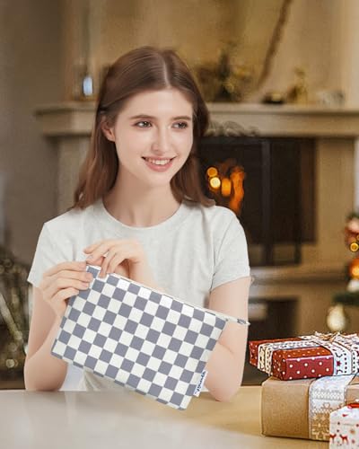 Narwey Small Checkered Makeup Bag for Purse Small Cosmetic Bag Women Travel Makeup Pouch Zipper Pouch (Grayish Blue Checkerboard) - color: AB-Grayish Blue Checkerboard