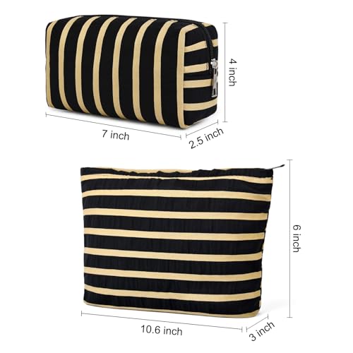 SOIDRAM 2 Pieces Makeup Bag Large Stripe Cosmetic Bag Capacity Canvas Mix Travel Toiletry Bag Organizer Cute Makeup Brushes Aesthetic Accessories Storage Bag for Women, Stripe Mix Black - color: Black Stripe