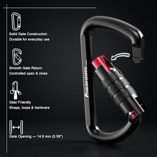 FresKaro 3inch 12kN-2698lbs Auto Locking Carabiner Clips, Solid D Shape, Heavy Duty 7075 Aluminum, Lightweight 1.09oz, Rust Proof, for Hammock, Hiking, Dog Leash, Keychain etc., Multi-Colors - color: Black-3pcs