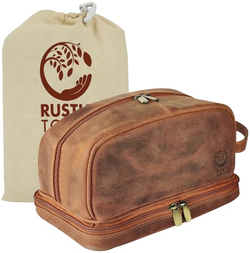 RUSTIC TOWN Leather Toiletry Bag - Waterproof Ditty Kit for Men and Women, Travel Organizer for Full-Size Essentials, TSA Approved - color: Brown