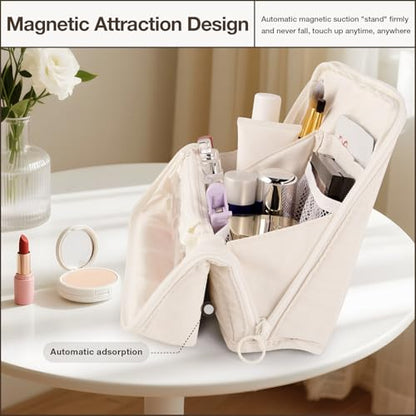 Abiudeng Standing Travel Makeup Bag Stand up Make up Bag Travel Toiletry Bag with Multiple Compartments Large Capacity for Women Business Trips Fitness and Daily Commutes (White) - color: White